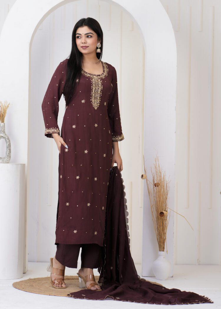Brown Crepe Embroidered Kurta Suit Set Organza Dupatta