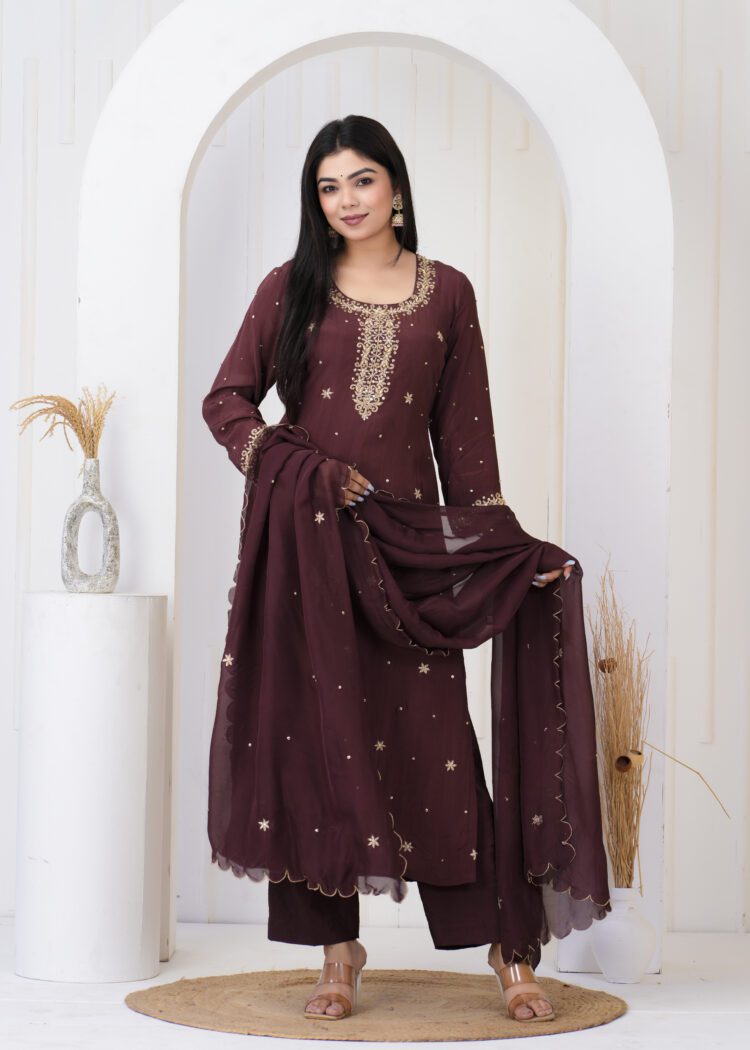 Brown Crepe Embroidered Kurta Suit Set Organza Dupatta