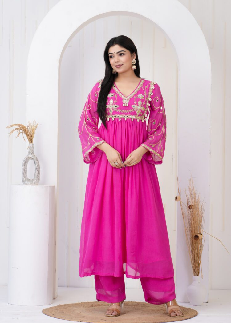 Pink Pleated Anarkali Suit Set with Embroidered Dupatta