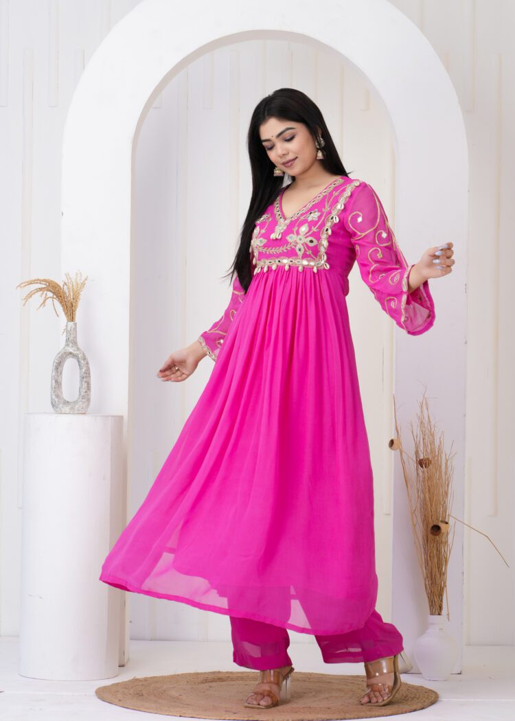 Pink Pleated Anarkali Suit Set with Embroidered Dupatta