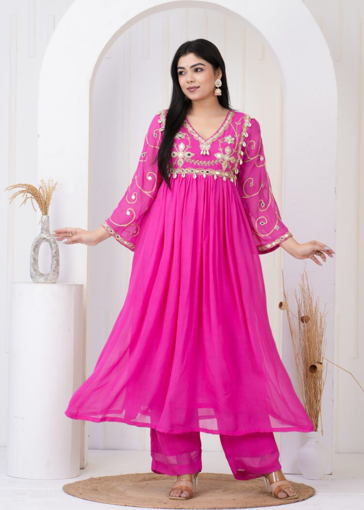 Pink Pleated Anarkali Suit Set with Embroidered Dupatta