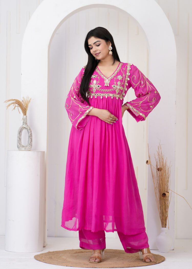 Pink Pleated Anarkali Suit Set with Embroidered Dupatta