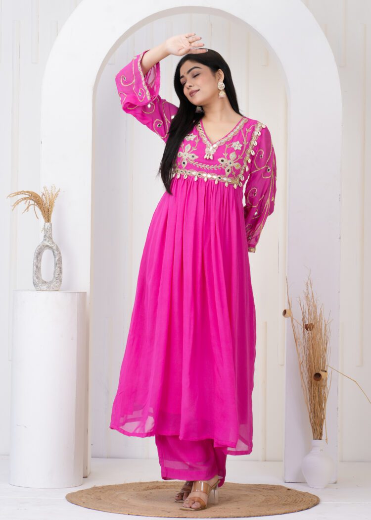 Pink Pleated Anarkali Suit Set with Embroidered Dupatta