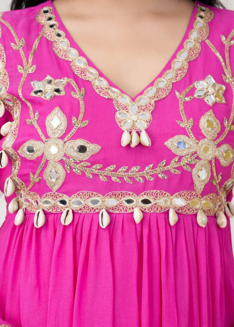 Pink Pleated Anarkali Suit Set with Embroidered Dupatta
