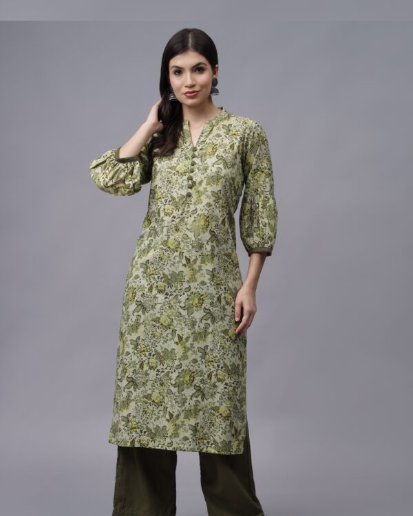 Olive Green Floral Printed Cotton Suit with Palazzo Pants