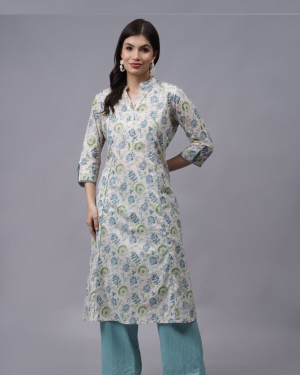 White and Sky Blue Floral Cotton Suit with Palazzo Pants